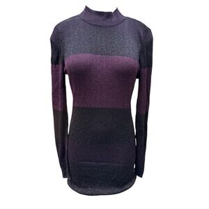 White House Black Market MEDIUM Metallic Striped Sweater Dress Purple & Black